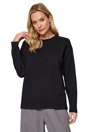 Trendyol Womens Black 100% Thick Cotton Basic Crew Neck Oversize/Wide Fit Knitted T-Shirt Twoaw24Ts00013 T-Shirt (pack of 1)
