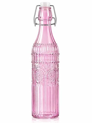 Generic Pink Glass Water Bottle with Clip Closure, Vintage Embossed Design, 1000ml, .sew