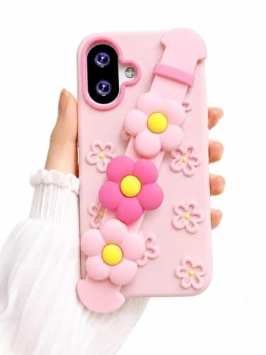 Ecosystem Premium Soft Silicone Case 3D Cartoon for iPhone 16 / iPhone 17 Shockproof Full Protection,Fun Aesthetic Cover, Cute Women Girls Kids For iPhone16/iPhone17 (3Flowers Stand)