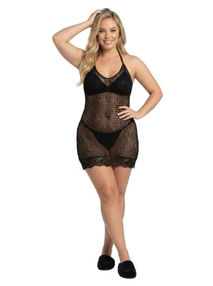 Louna Fashion, Black Fishnet Halter Chemise with Lace Trim, Plus Size | Sheer Mesh Design, V-Neckline, Scalloped Lace Hem, Lingerie Nightwear, Curve Fit