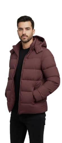 Men's Hooded Puffer Jacket, Burgundy, Quilted Winter Coat, Zip-Up, Casual Style