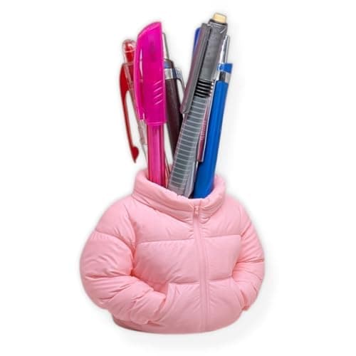 Puffer Jacket Style Pen Holder Desk Organizer – Cute & Fun Office Desk Accessory – Practical Pencil & Stationery Holder – Pink Caddy