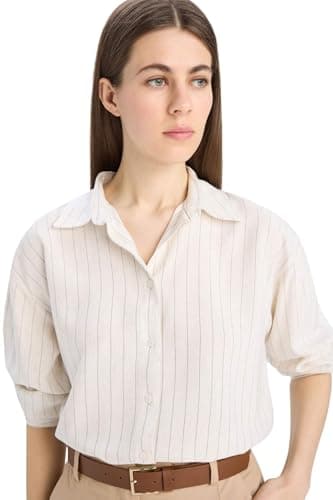 DeFacto Woman Casual Loose Fit Shirt Neck Long Sleeve Woven Top Long Sleeve Shirt,Off White M