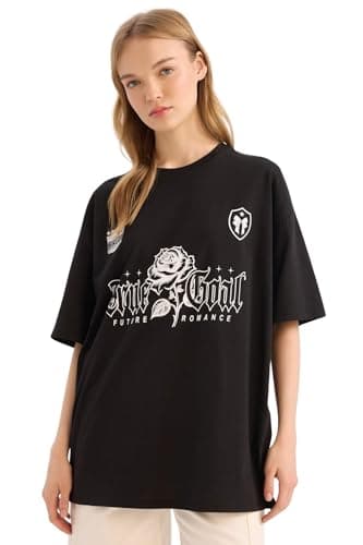 DeFacto Womens Oversize Fit Crew Neck Coool Knitted Short Sleeve T-Shirt E4380AX Short Sleeve T-Shirt