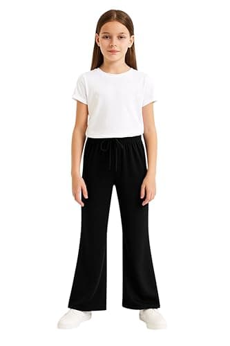 Miza Girls Wide Leg Wide Leg Pants with Drawstring Waistband Navy Blue and Black, School Casual Pants, Sizes 8-16 Years
