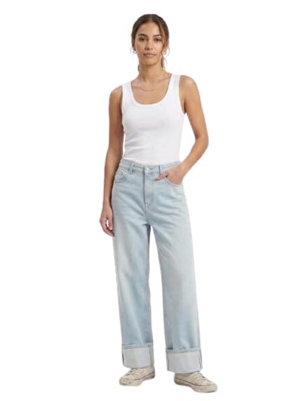 Women's Wide Leg Cuffed Jeans, Teal Washed Denim, Relaxed Fit, Mid-Rise-2003 Pants