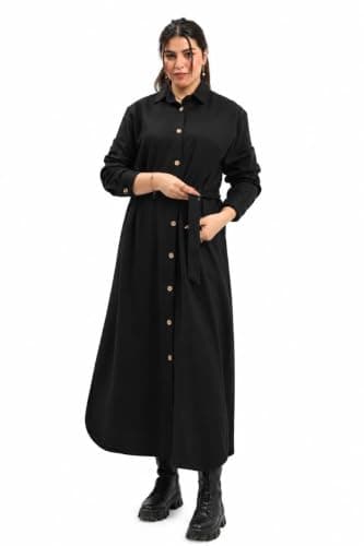 Women's Winter Cotton Long Tunic - Black | Warm cotton material, loose cut, button front, waist strap, suitable for winter