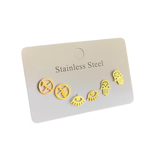 Stainless Steel Gold Stud Earrings Set, Hamsa Hand, Evil Eye, and Bee Charms, 3 Pairs