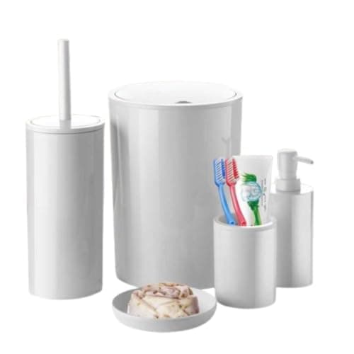 Flores 5-Piece Plastic Bathroom Accessories Set, Includes 6L Trash Can (18x18x25cm), Toilet Brush (10x10x23cm), Soap Dispenser, Toothbrush Holder & Soap Dish, Plastic (White) Bathroom container set