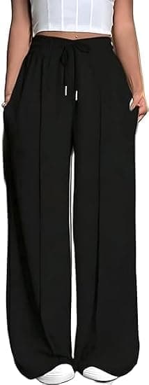 Women's Wide Leg Pants – High Waist Elastic Drawstring Side Pockets | Comfortable Home & Outdoor