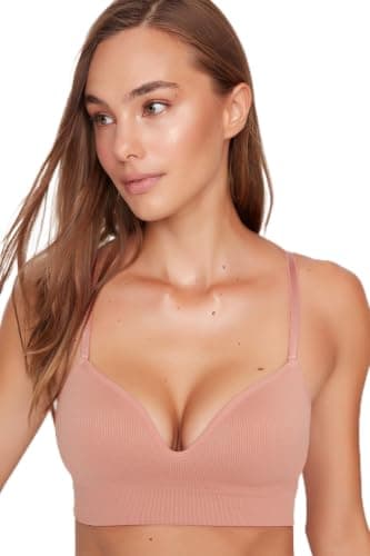 Trendyol Dark Skin Seamless/Seamless Rope Strap Padding Free Without Underwire Covered Bralette Knitted Bra Thmaw22Su0043,Skin 90B