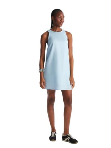 LC WAIKIKI Woman Crew Neck 100% Linen Mini Dress
