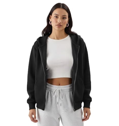 Women's Zip-Up Hoodie, Black, Long Sleeve, Casual Athleisure Style Sweatshirt