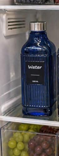 Generic Glass Water Bottle, 1000 ML, Blue, with Stainless Steel Lid, Ribbed Design, for Refrigerator Organisation, .ex