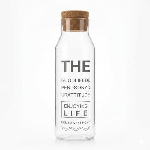 Generic Glass Water Bottle with Cork Lid, Clear Beverage Bottle with Motivational Quote Print, Airtight Seal, Medium Size for Juice, Water, Storage and Decoration.