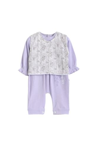 Junior Baby Girls Autumn Footed Romper - Long Sleeve One-Piece Outfit with Decorative Overlay, Soft Cotton Blend Infant Jumpsuit, Multicolor, 09