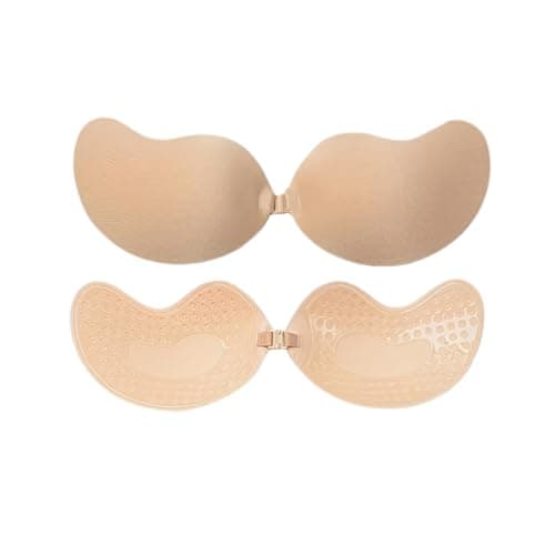 Adhesive Bra for Women, Backless and Strapless, Seamless Self-Adhesive Silicone Nipple Covers with Lycra Fabric, Light Support, Beige and Black, 1 piece