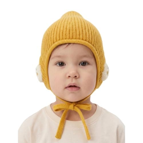 Baby Knit Beanie Hat with Ear Flaps, Mustard Yellow 6-8 Months | Chin Tie Closure, Ribbed Knit Design, Pompom Ear Detail, Winter Warmth, Infant & Toddler