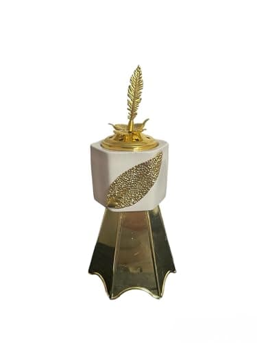 Generic Decorative Charcoal Incense Burner, White and Gold, Feather Design, with Metal Stand