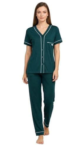 Women's Polyester Short Sleeve V Neck Button Front Pyjama With Pocket Navy Blue Olive Silver Pajamas