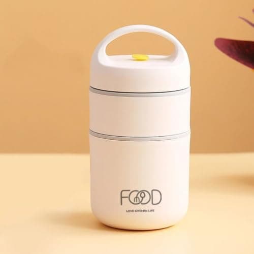 Generic Cylindrical 2-tier lunch box designed for soups,liquids,304 stainless steel interior,Double-walled thermal insulation,Retains temperature for longest time,Includes a plastic spoon,750 ml, .db