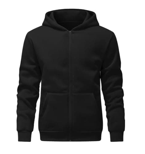 Men's Full Zip-Up Hoodie Sweatshirt, Black, Long Sleeve, Kangaroo Pocket, Casual Style