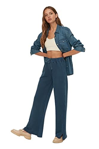 Trendyol Womens Indigo Faint Effect Wide Leg/Wide Leg Regular Waist Thin Knitted Sweatpants Pants Twoaw22Ea0426 Sweatpants (pack of 1)
