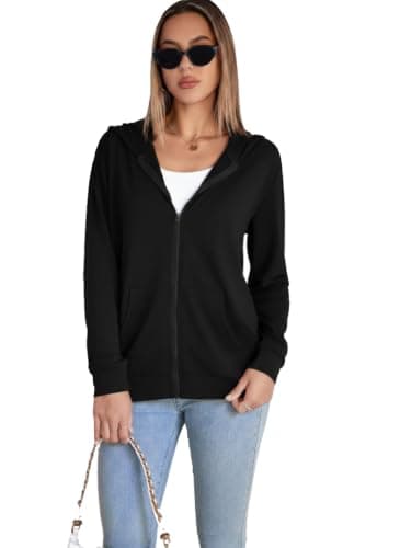 Women's Full Zip-Up Hoodie Sweatshirt, Black, Long Sleeve, Casual Style with Front Pocket