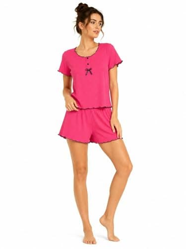 CAESAR Womens Women's Derby two-piece pajama set: shorts and a button-down t-shirt. Women's Derby two-piece pajama set: shorts and a button-down t-shirt.