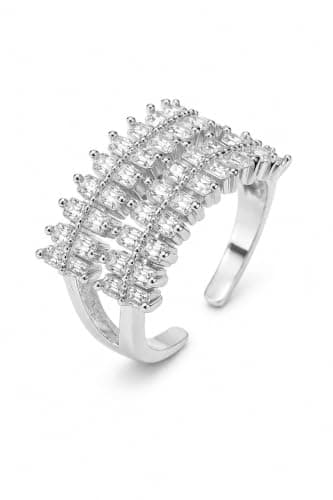 Platinum & Rhodium Plated Free Size Ring for Women with Baguette Zircon Stones, Adjustable Multi Row Statement Ring