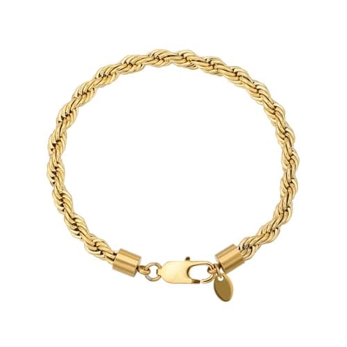 KRKC 6 mm Men's Cord Chain Bracelet, 18K Gold Plated/Silver Colour Stainless Steel Rope Cord Bracelet, Father's Day Gift, Hip-Hop, Nickel-Free Twisted Bracelets for Men, Length 17-22 cm