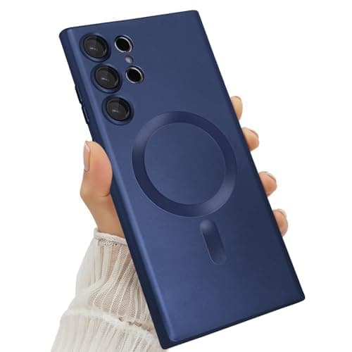 Amzfield Magnetic for Samsung Galaxy S23 Ultra Case for Women Men Girls [Compatible with MagSafe] [Camera Lens Protector] Matte Cute Slim Soft Silicone Bumper Shockproof Metallic Phone Case, Navy Blue Cellular phone case