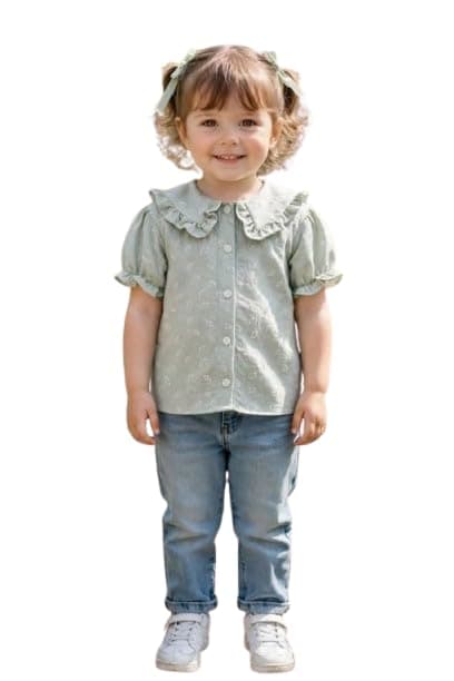 Girls' Floral Embroidered Ruffle Collar Button-Up Shirt – Short Sleeve SG26-266