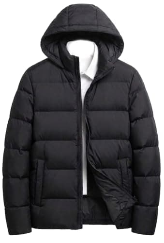 Waterproof Men's Black Hooded Puffer Jacket with Zip Closure | Quilted Insulation, Side Pockets, Winter Outerwear, Relaxed Fit, Full Zip Front Coat