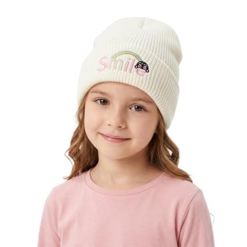 Girls Knit Beanie Hat, Cream with Smile Rainbow Embroidery (6-12 years) | Kids Winter Hat, Ribbed Knit, Cuffed Style, Colourful Embroidery, Girls Accessories