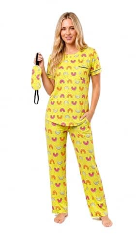 Women's Summer 2 Piece Pajama Set (T-shirt and Pants) Soft Patterns-(Lemon Yellow) Comfortable Everyday Wear with Stylish Sleep Glasses