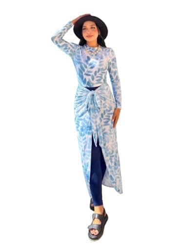 Women's Modest Burkini Swimsuit 5-Piece Set – Leaf Print Long Sleeve Top, Leggings, Skirt, Tied Maxi Wrap & Swim Cap From La Vie Model LV-BRK-211