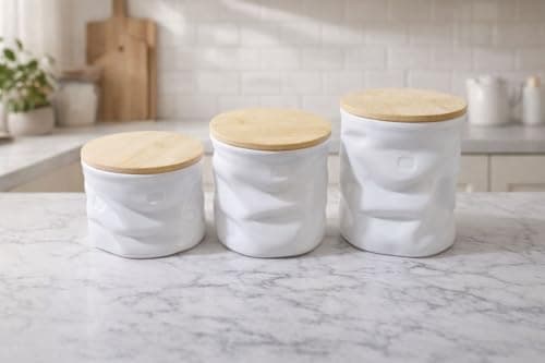 Generic Canister Set with Airtight Wooden Lids, White, 3 Pieces, for Sugar, Coffee, Tea and Spices, .Ais Food storage container