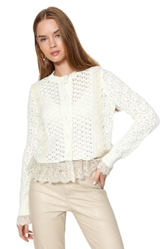 Trendyol Womens Ecru Crop Lace Garnished Openwork/Hollowed Knitwear Cardigan Twoaw24Kz01059 Cardigan (pack of 1) Sweater