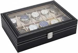 Luxury Watch Organizer Box (10 Compartments) with Clear Top Cover, Elegant Black Leather & Velvet Lining Watch Organizer Box for Gift & Collection Display. Jewelry storage