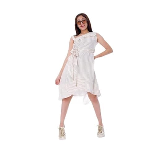 BEBO GIRLS DRESS STRIPED OFF SHOULDER 10 YEARS - BEIGE