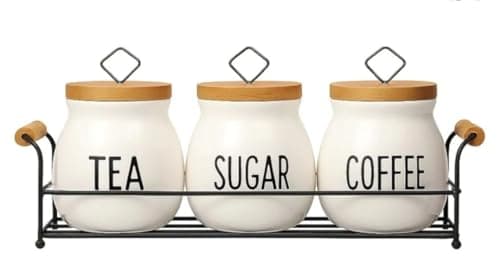 Generic Tea, Sugar and Coffee Canister Set, White with Lids, Metal Handles, 3-Piece with Storage Rack, .flo