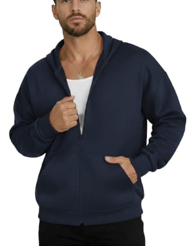 Men's Full Zip-Up Hoodie, Navy Blue, Fleece Sweatshirt with Kangaroo Pockets, Casual Style