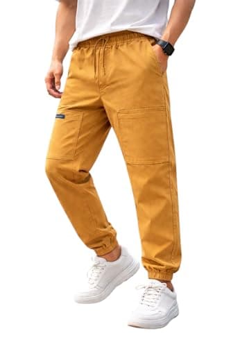 Miza Sherwal Men's Solid Material Bengaline Light Casual Pants Multi Pockets Elastic Waist Drawstring