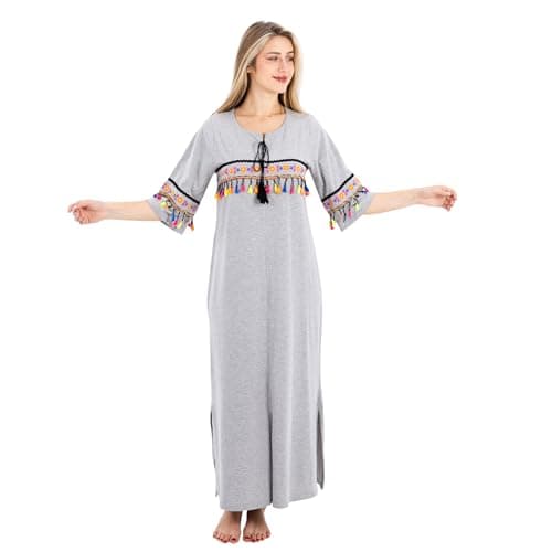 Summer Maxi Abaya | White Cotton Long Nightgown with Colorful Embroidery & 3/4 Sleeves | Elegant & Lightweight Dress | Ultimate Comfort Women's Homewear Nightgown nightshirt