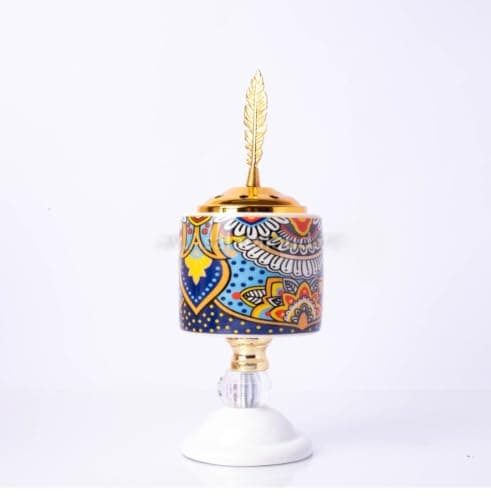 Generic Charcoal Incense Burner with Gold Feather Lid, Mandala Design, Crystal Stand, White Base