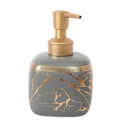 Generic Ceramic Soap Dispenser, Grey with Gold Marble Design, Greek Key Pattern, for Shampoo and Shower Gel, .kl Pump dispenser