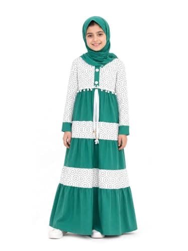 Girls ISDAL, Geometric Print, Tiered Maxi, Long Sleeve, Modest Islamic Wear - MintGreen and White Dress