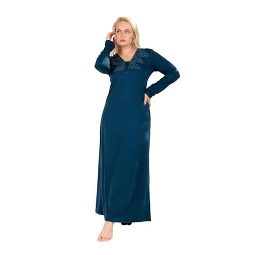 Dadosh Women's Long Dress with Puff Sleeve - Comfortable Autumn Women's Nightgown - Long Sleeve Nightgown - Polyester Winter Nightgown with Front Embroidery Nightgown nightshirt