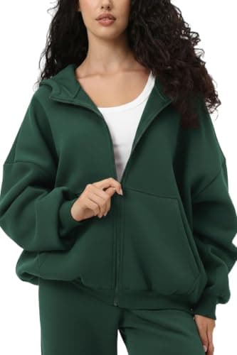 Women's Oversized Zip-Up Hoodie, Dark Green, Fleece, Long Sleeve, Casual Sweatshirt with Pockets